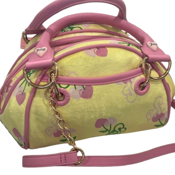 Juicy Couture Yellow Bowler Satchel with Pink Cherries - Picture 2 of 5